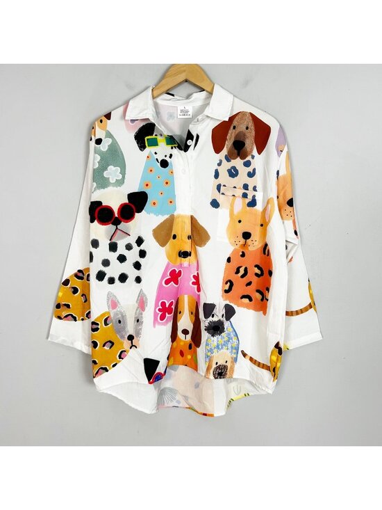 Unbranded Tops - Unbranded Women’s Collared Shirt Colorful Dog Print Tunic Top Size Large